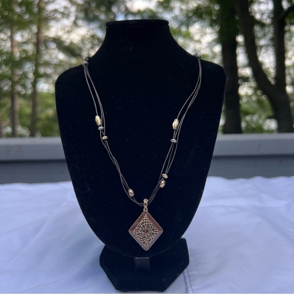 Gold/Copper Pendant on 20” 3 Layer Black Leather Corded Necklace With Beads - Picture 2 of 7